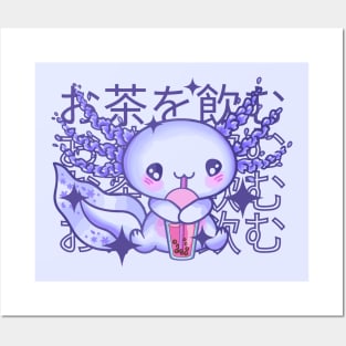 Kawaii Axolotl Drinking Bubble Tea Posters and Art